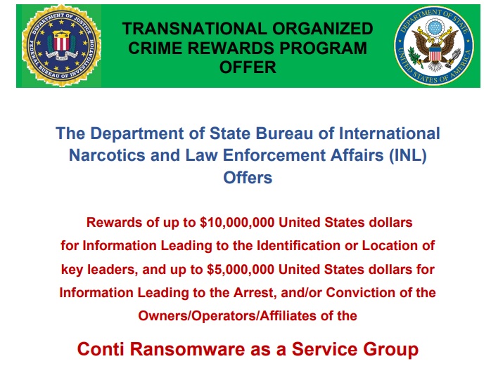Feds Post $10 Million Reward for Conti Ransomware Actors