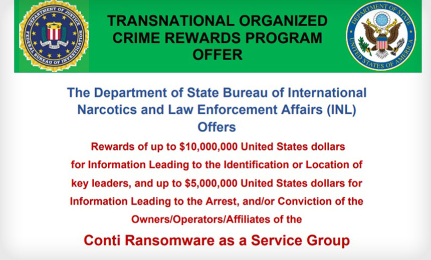 Feds Post $10 Million Reward for Conti Ransomware Actors