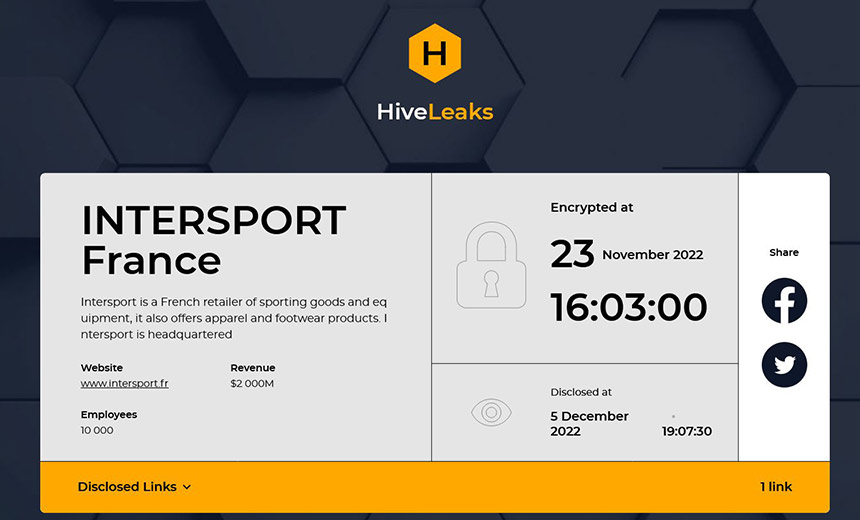 Hive ransomware group claimed to have posted the customer data of Intersport.