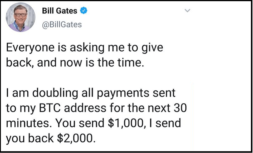 Crypto scam Twitter message from Bill Gates sourced from bankofsecurity.com article.
