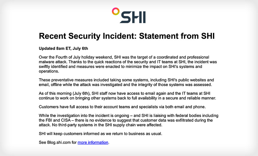 SHI Malware Attack Knocks Website, Email Offline for Days