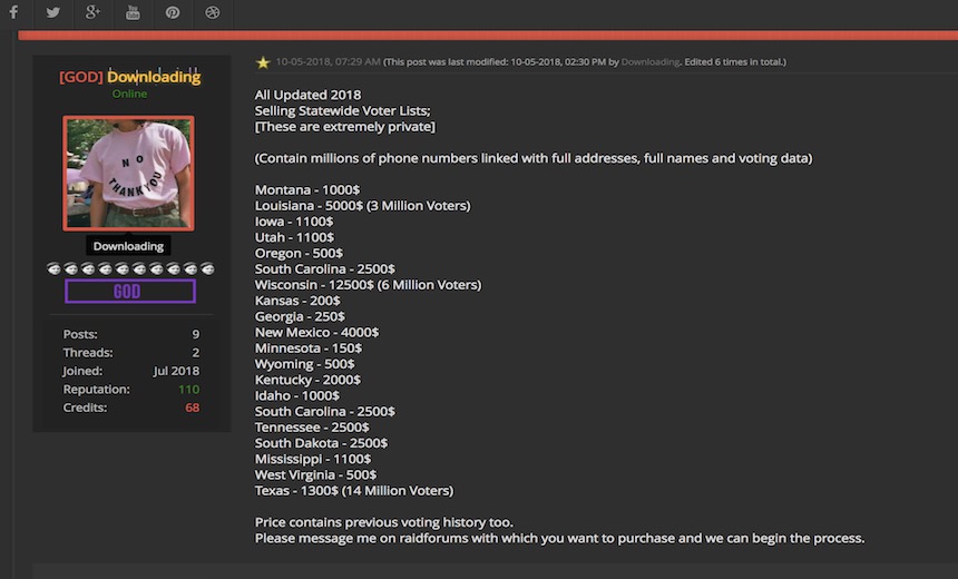 US Voter Records for Sale on Hacker Forum